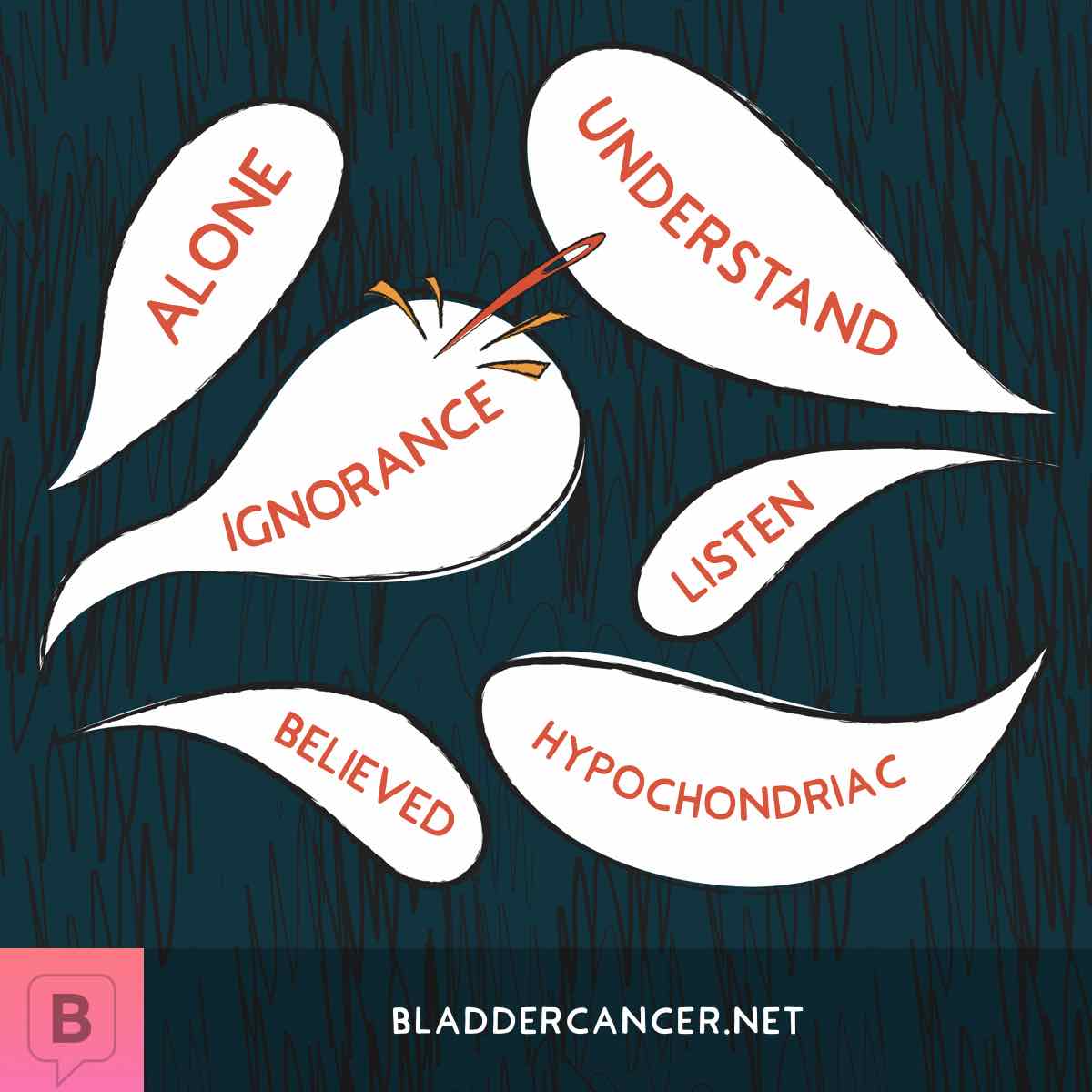 A needle bursts words like alone, ignorance and believed