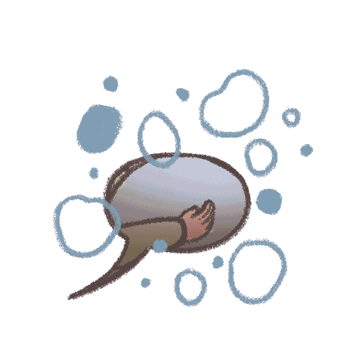 A speech bubble expands and contracts, showing a man comforted by two family members.